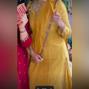 Yellow Embroidered Kurta with palazzo pants and beaded dupatta